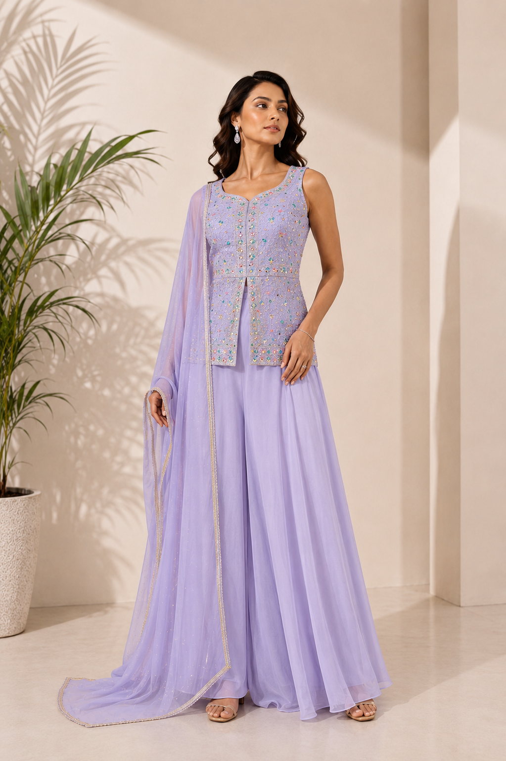 3-Piece Purple Floral Embellished Sleeveless Sharara Set — Sharara Set | Lehar Clothing UAE