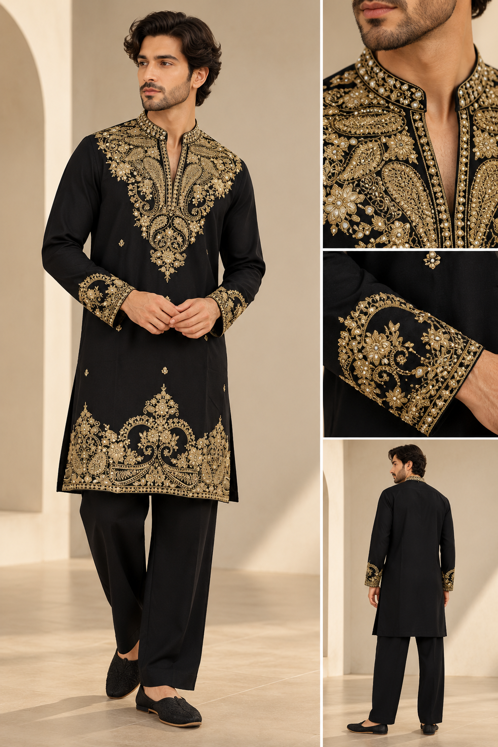Men’s Black & Gold Embroidered Kurta Set with Matching Stole — Kurta Sets — view 3 | Lehar Clothing UAE
