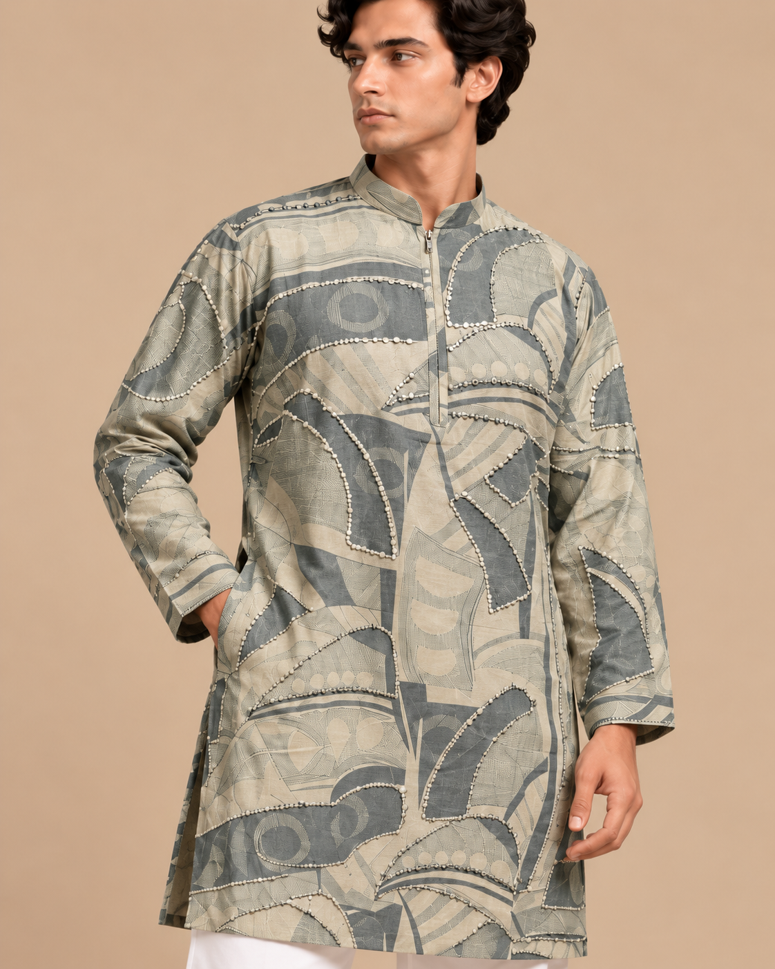 Men's Sage Green & Beige Abstract Print Kurta Set with Embellished Detailing and White Pants — Kurta Sets — view 4 | Lehar Clothing UAE