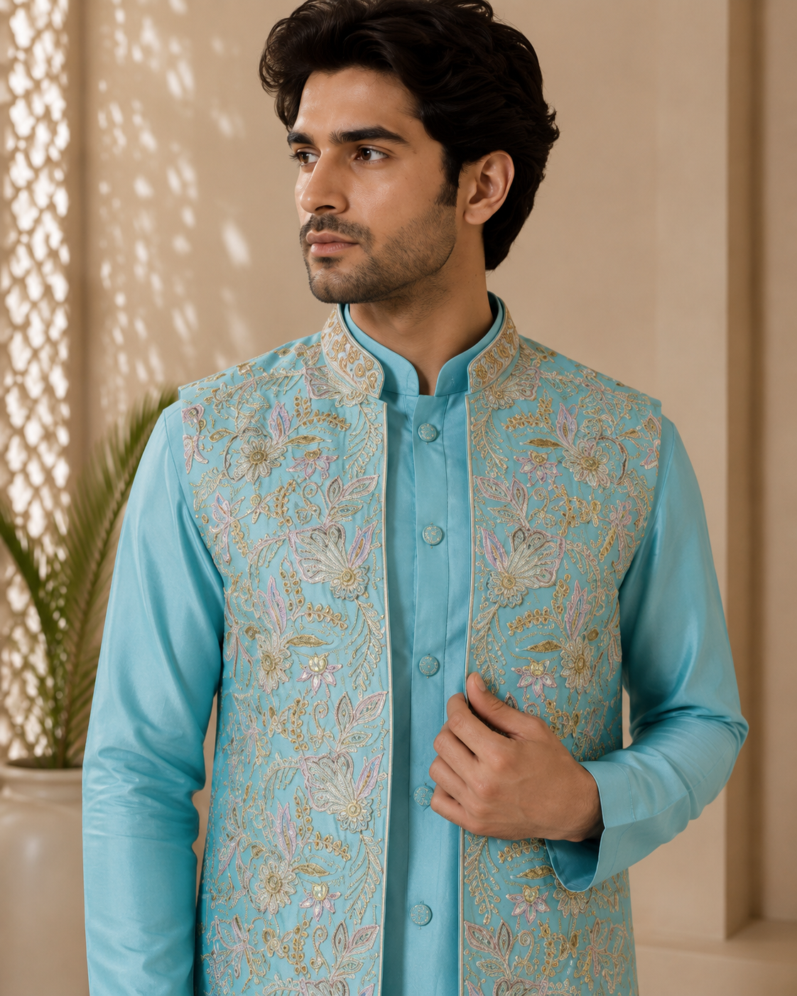 Aqua Blue Floral Embroidered Nehru Jacket with Matching Kurta & Trousers Set — Kurta Sets — view 3 | Lehar Clothing UAE