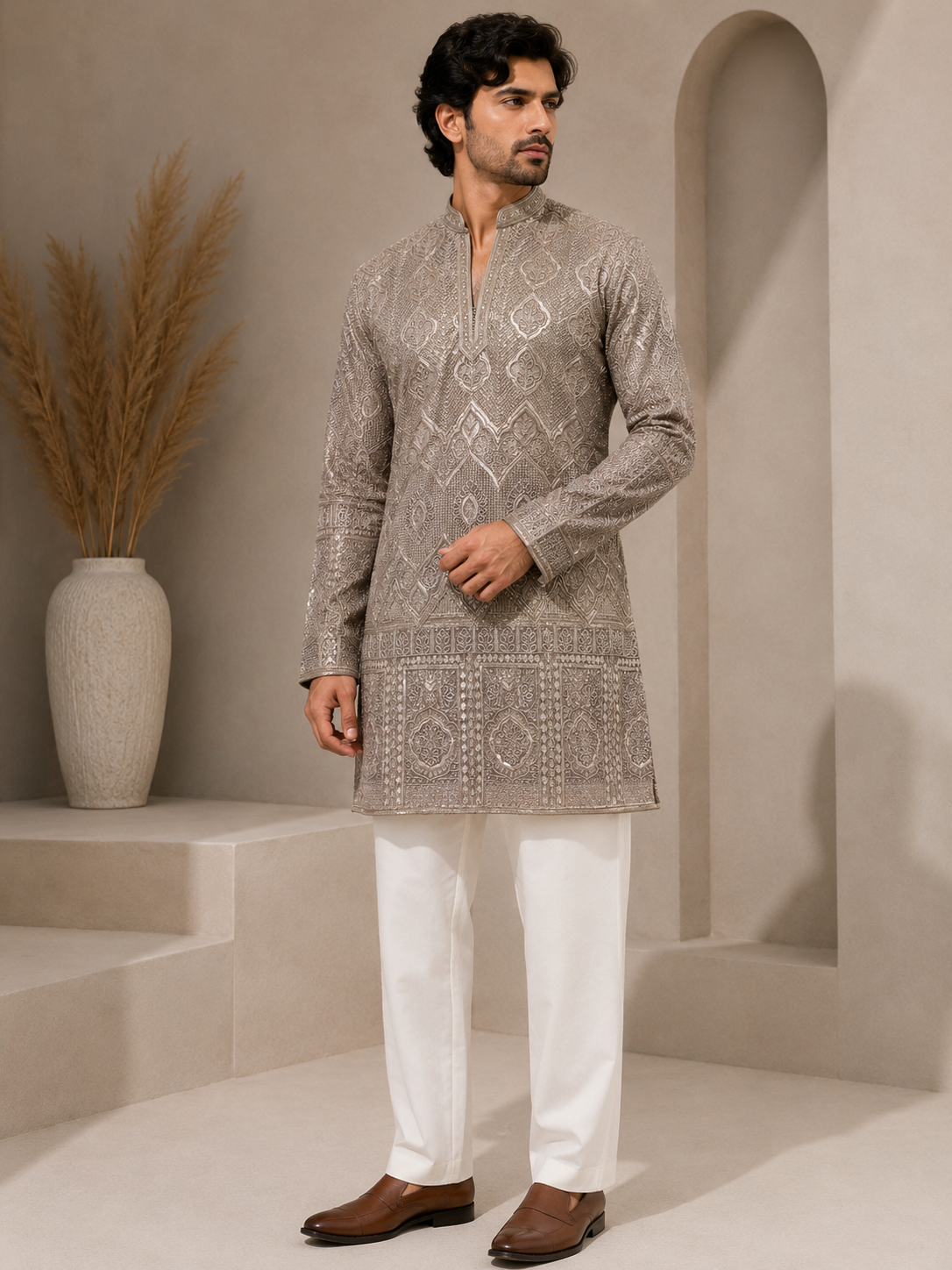 Taupe Imperial Embroidered Kurta Set — Kurta Sets — view 2 | Lehar Clothing UAE