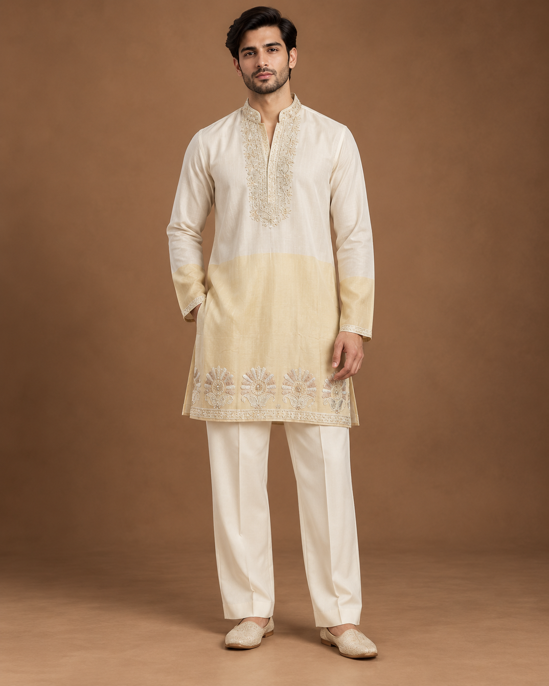 Men’s Ivory & Champagne Colorblock Embroidered Linen Kurta Set — Kurta Sets | Lehar Clothing UAE