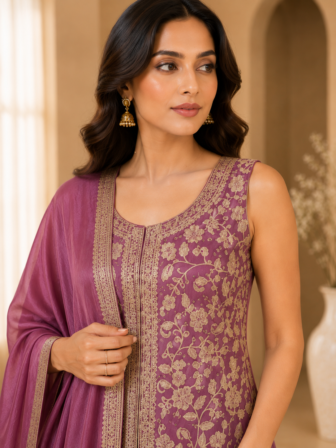 Women's Pink 3-Piece Embroidered Sharara Suit with Dupatta — Sharara Set — view 3 | Lehar Clothing UAE