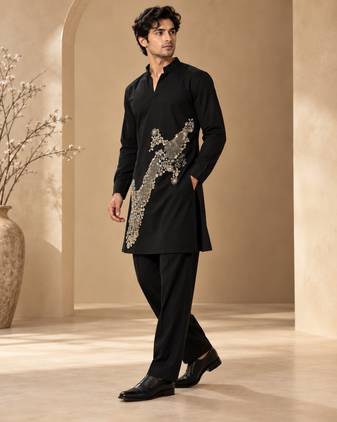 Men’s Black Pearl & Bead Embellished Kurta Pajama Set — Kurta Sets | Lehar Clothing UAE