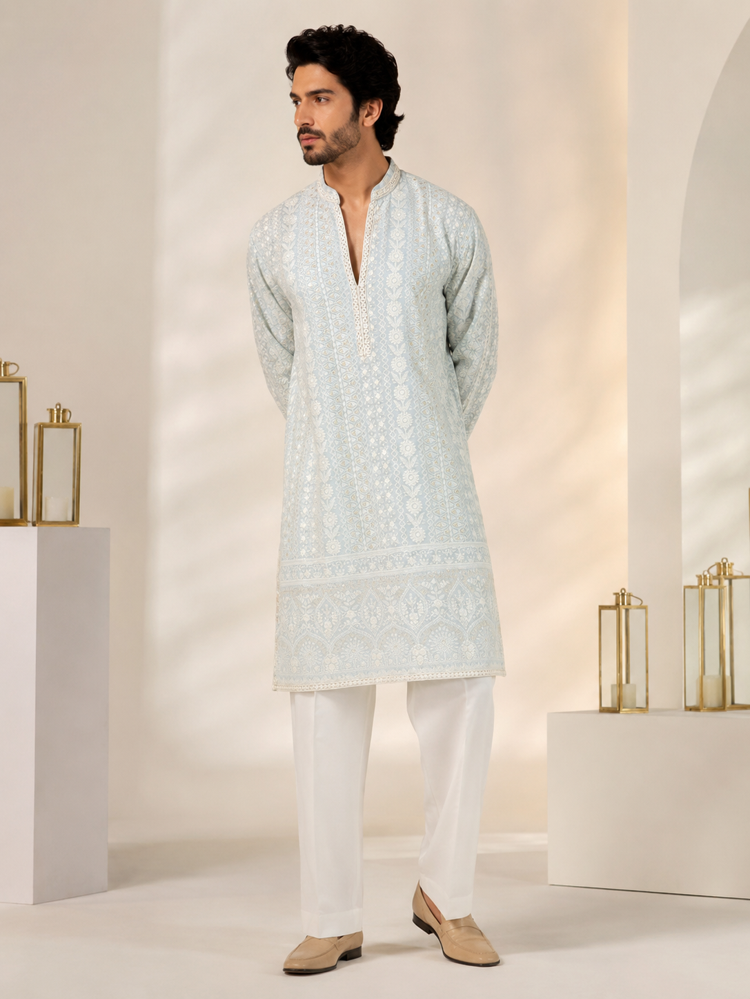 Men’s Light Blue Chikankari Embroidered Kurta & White Trouser Set — Kurta Sets | Lehar Clothing UAE