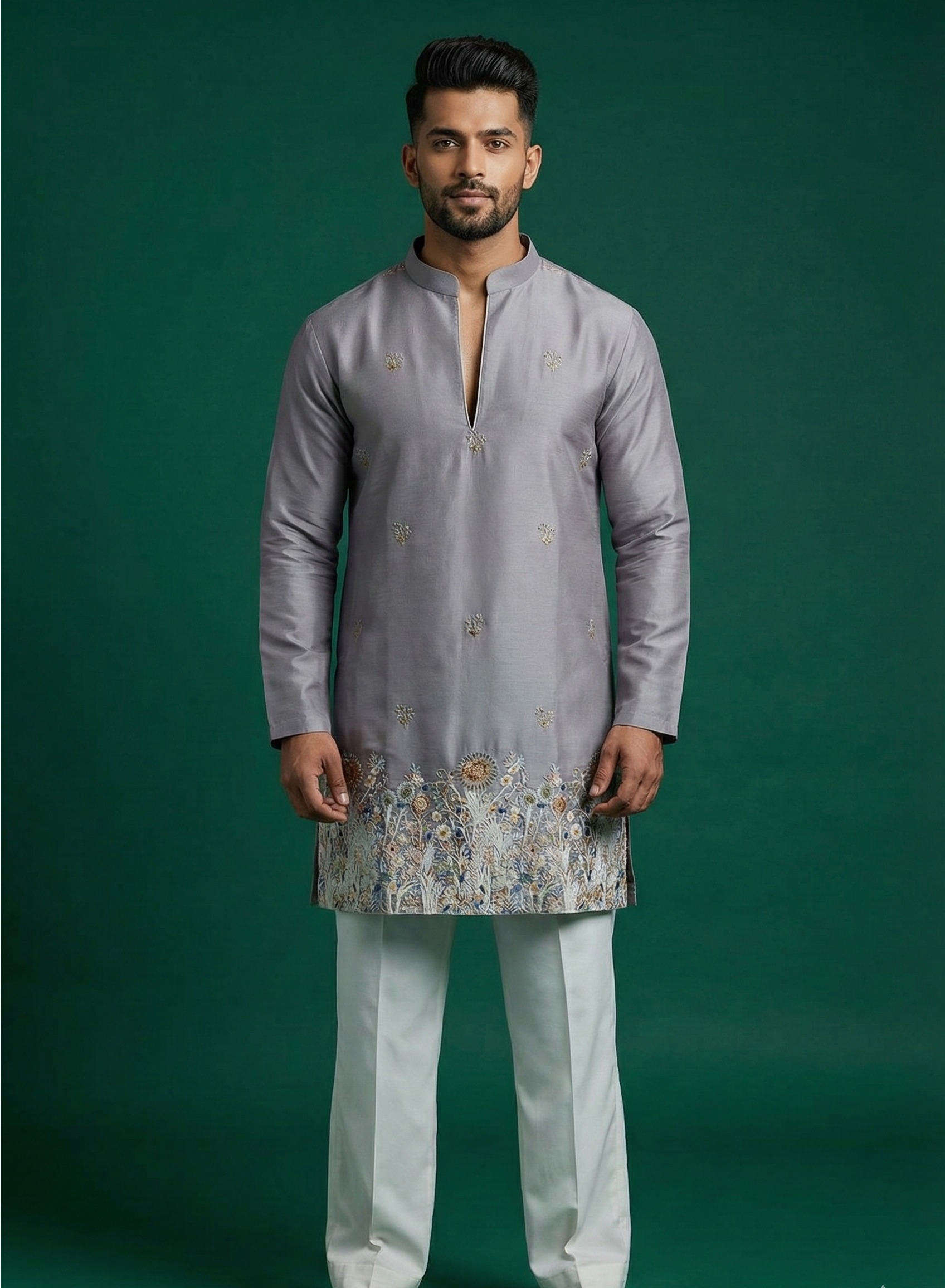 Men’s Lavender-Grey Kurta with Intricate Floral Border & Ivory Trousers – 2 Piece Set — Kurta Sets | Lehar Clothing UAE