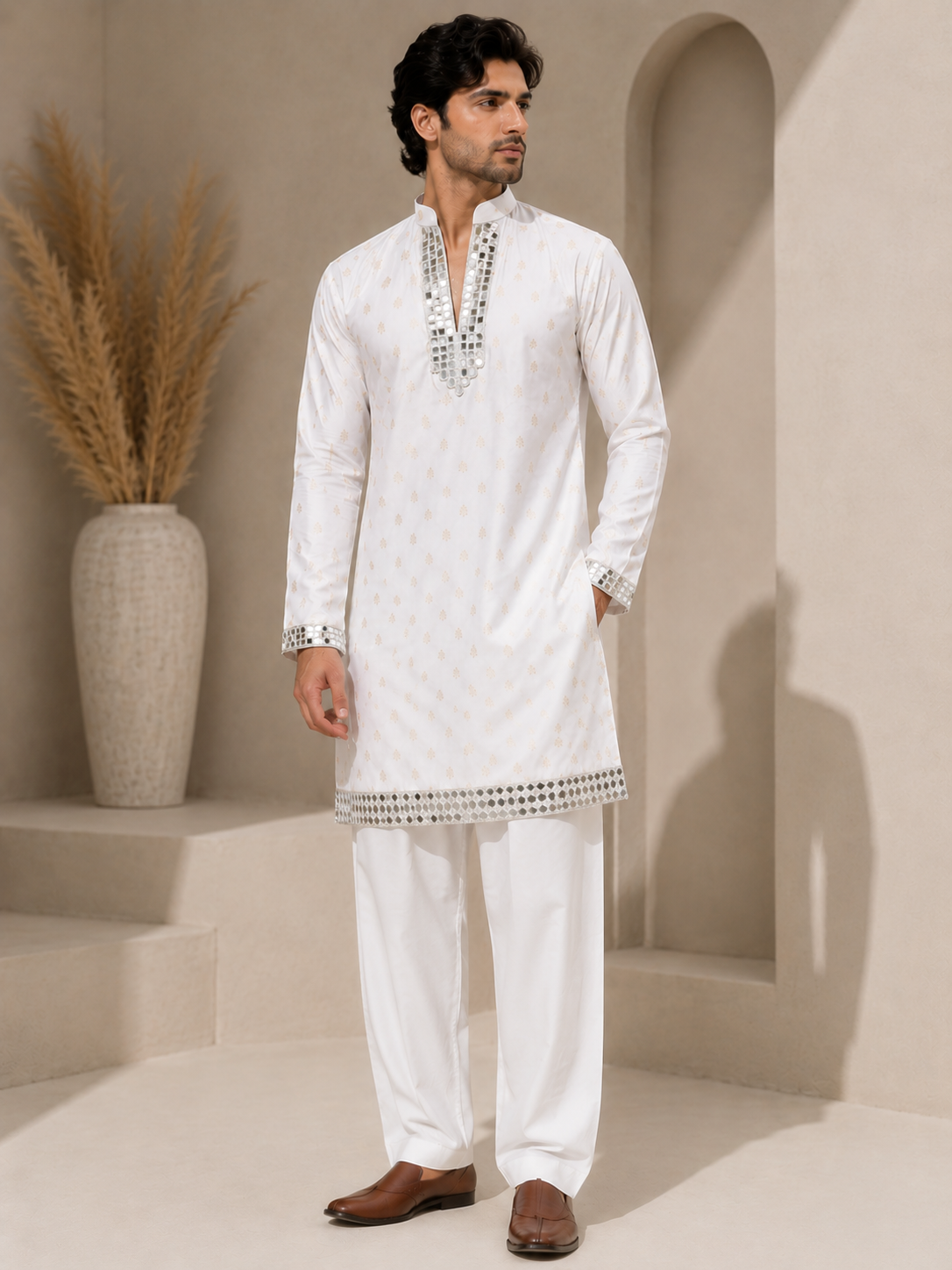 Ivory Mirror Embellished Kurta Set — Kurta Sets | Lehar Clothing UAE