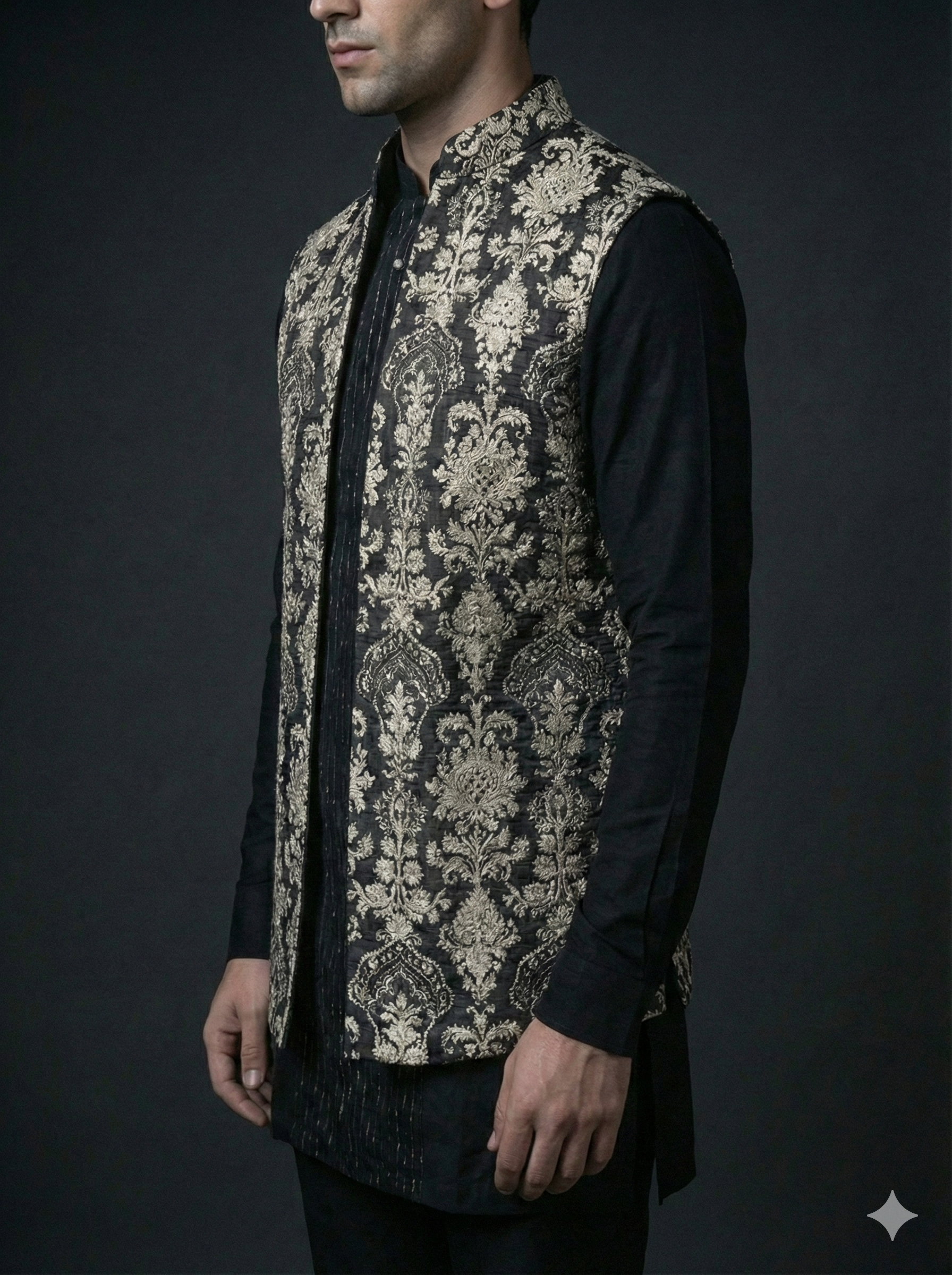 Midnight Black Kurta Set with Jacquard Floral Jacket & Ankle-Length Trousers — Co-ord Set — view 2 | Lehar Clothing UAE