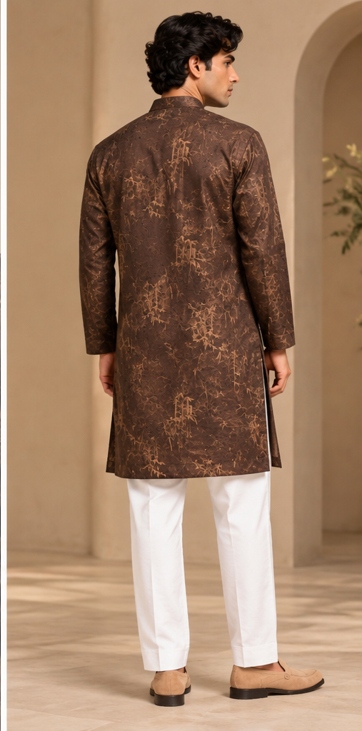 Men’s Chocolate Brown Bamboo Print Kurta Set with Subtle Embellishments and White Straight-Fit Pants — Kurta Sets — view 3 | Lehar Clothing UAE