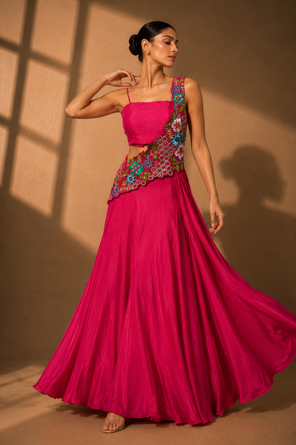 Fuchsia Pink Floral Embroidered One-Shoulder Lehenga Set — Lehenga | Lehar Clothing UAE