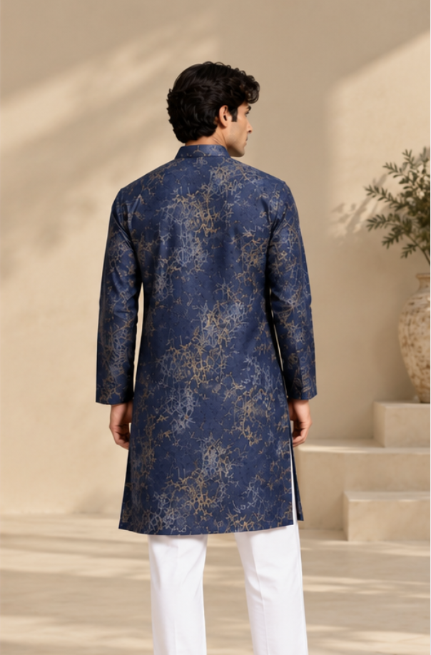 Men's Navy Blue Bamboo Print Kurta Set with Subtle Embellishments and White Straight-Fit Pants — Kurta Sets — view 3 | Lehar Clothing UAE