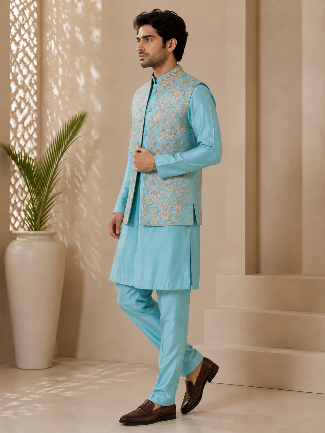 Aqua Blue Floral Embroidered Nehru Jacket with Matching Kurta & Trousers Set — Kurta Sets — view 2 | Lehar Clothing UAE