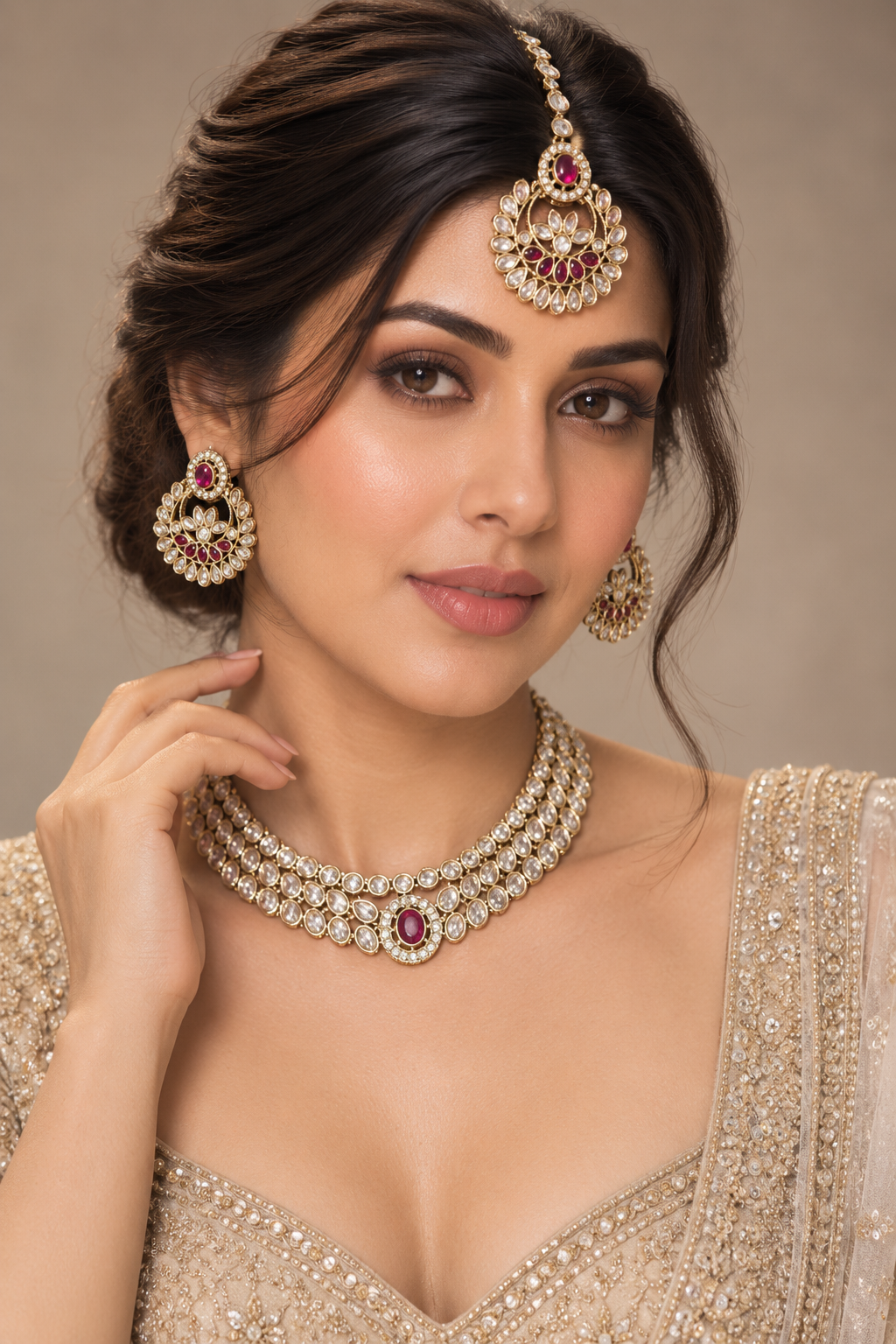Ruby Red Kundan Layered Choker Set with Chandbali & Tikka – Indian Bridal Jewelry — Jewellery — view 2 | Lehar Clothing UAE