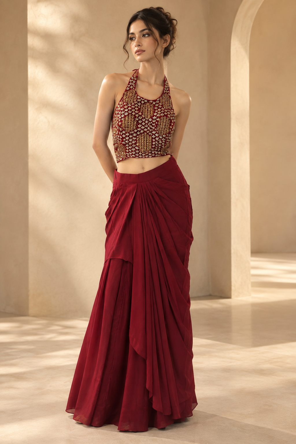 Women’s Maroon Embellished Halter Crop Top with Tulip Skirt & Dupatta 3-Piece Set — Fusion wear — view 2 | Lehar Clothing UAE