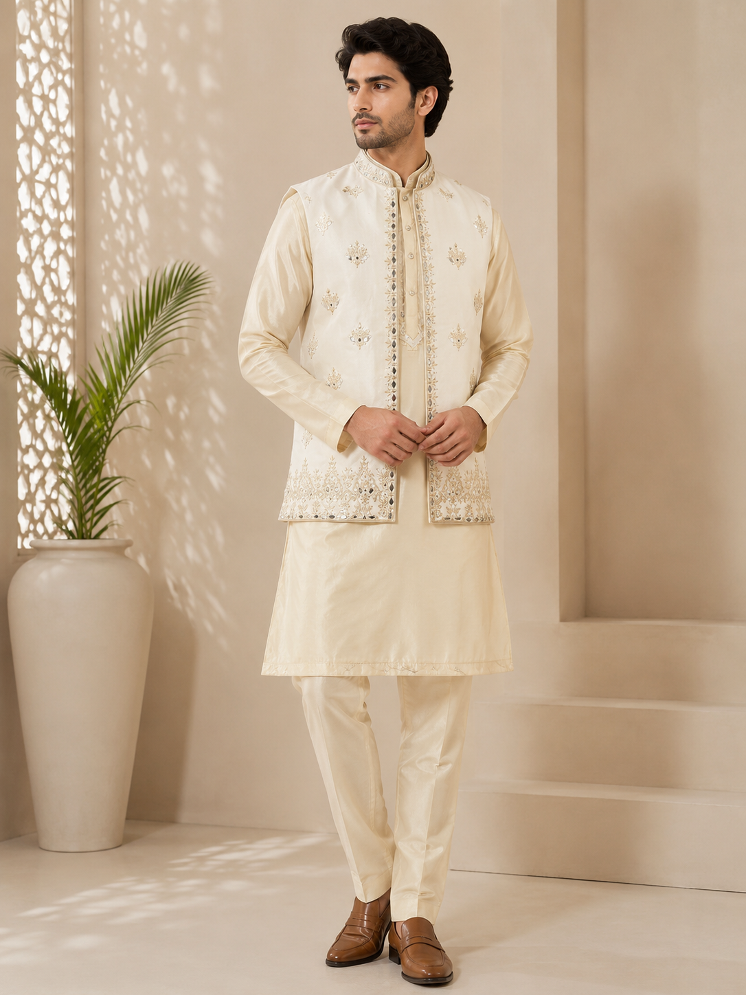 Cream Embroidered Nehru Jacket with Kurta & Trousers — Kurta Sets — view 2 | Lehar Clothing UAE