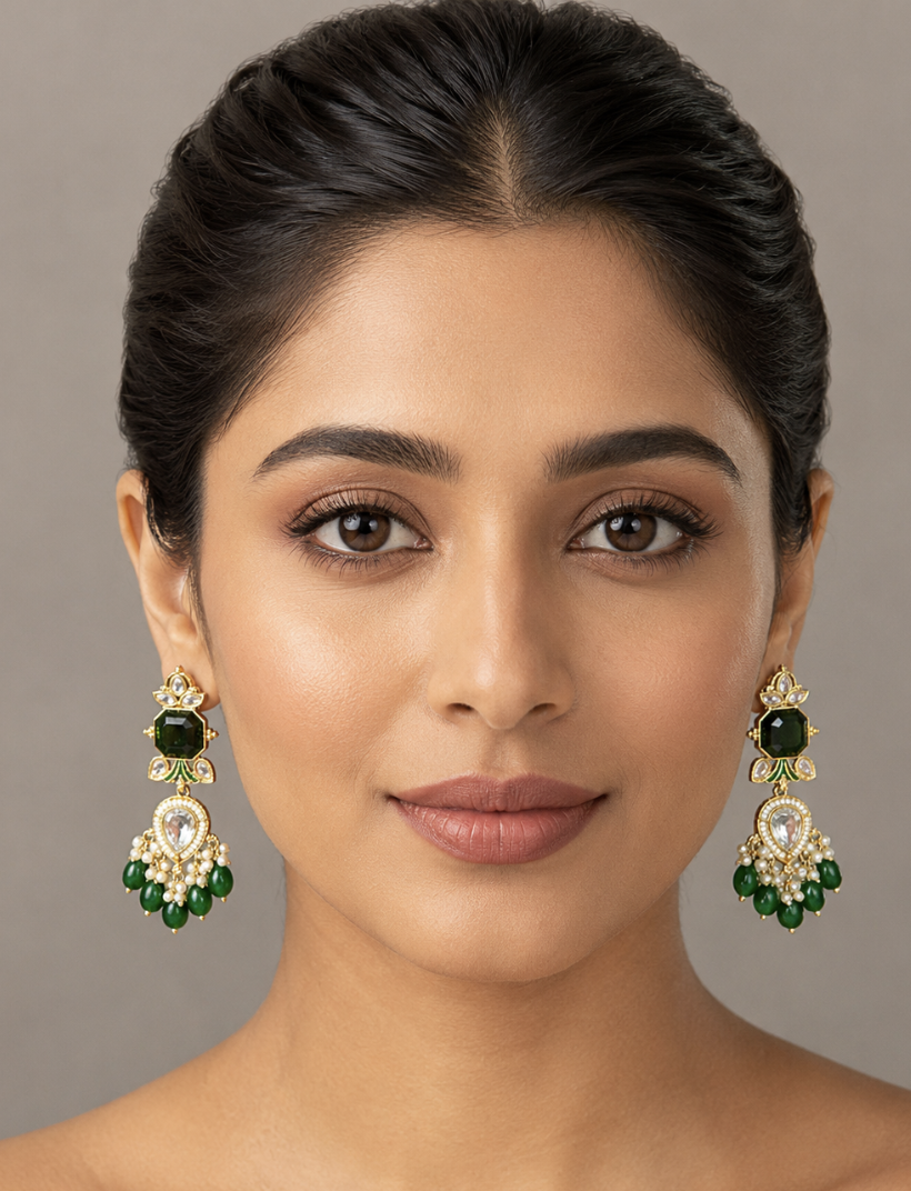 Women’s Emerald Green Kundan & Pearl Drop Earrings – Gold-Tone Traditional Imitation Jewellery — Jewellery | Lehar Clothing UAE