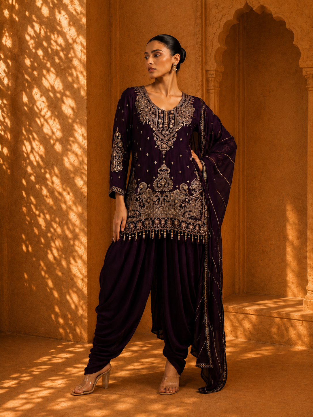 Regal Plum Embroidered Straight Kurta with Patiala Salwar and Dupatta Set — Kurta Sets | Lehar Clothing UAE