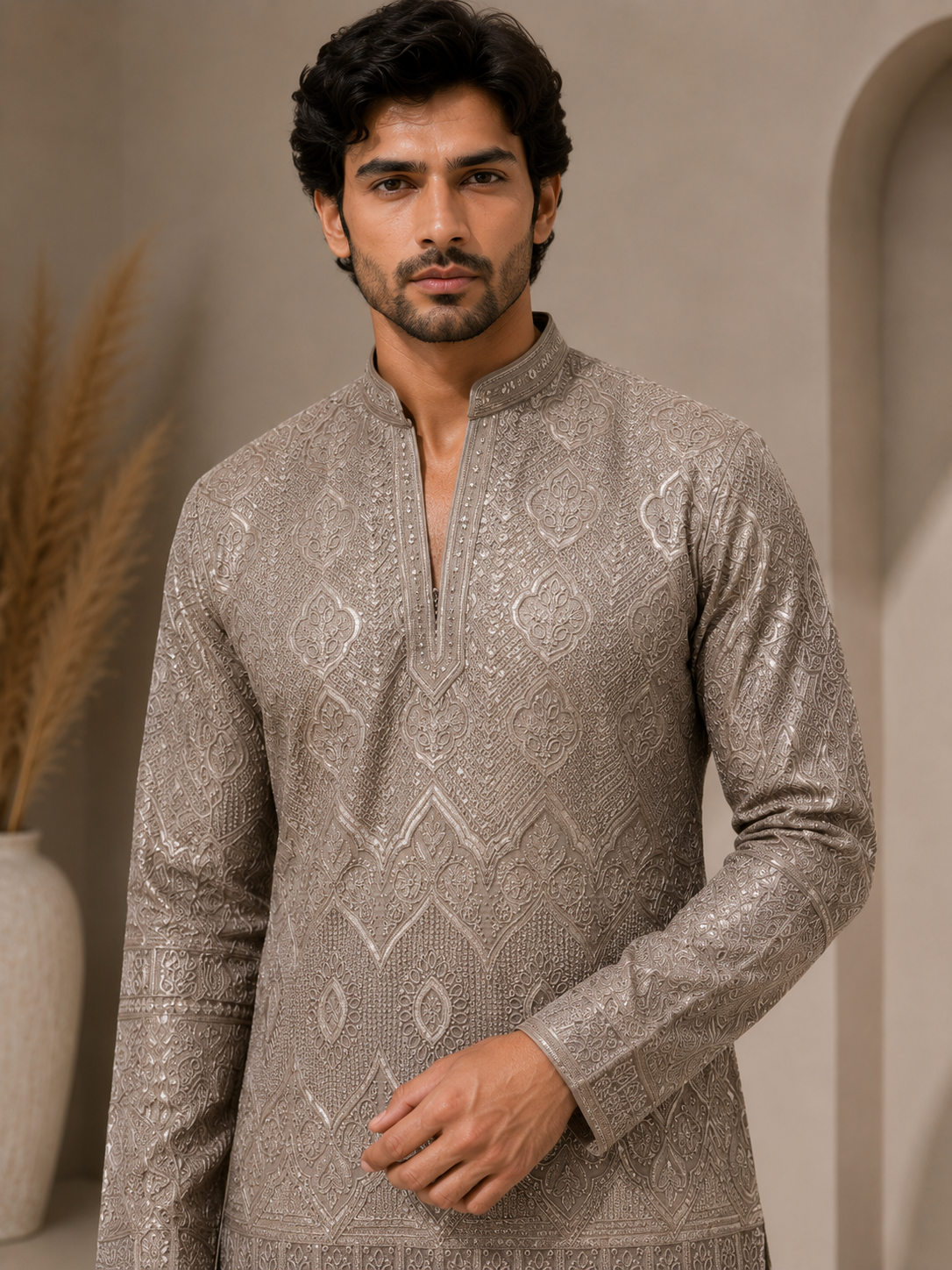 Taupe Imperial Embroidered Kurta Set — Kurta Sets — view 3 | Lehar Clothing UAE