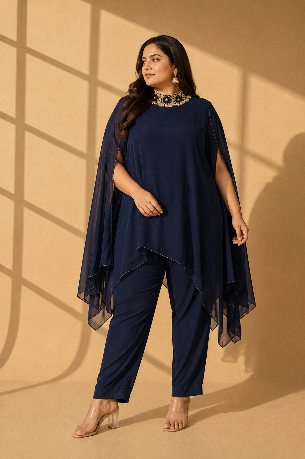 Navy Blue Embroidered Kaftan Cape Kurta Set — Kurta Sets - Plus Size — view 3 | Lehar Clothing UAE