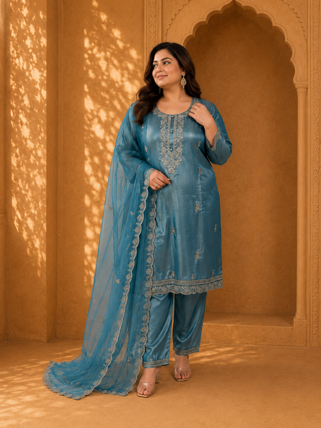 Women's Plus Size Teal Blue Embroidered Silk-Blend Kurta Set with Net Dupatta — Kurta Sets - Plus Size — view 2 | Lehar Clothing UAE