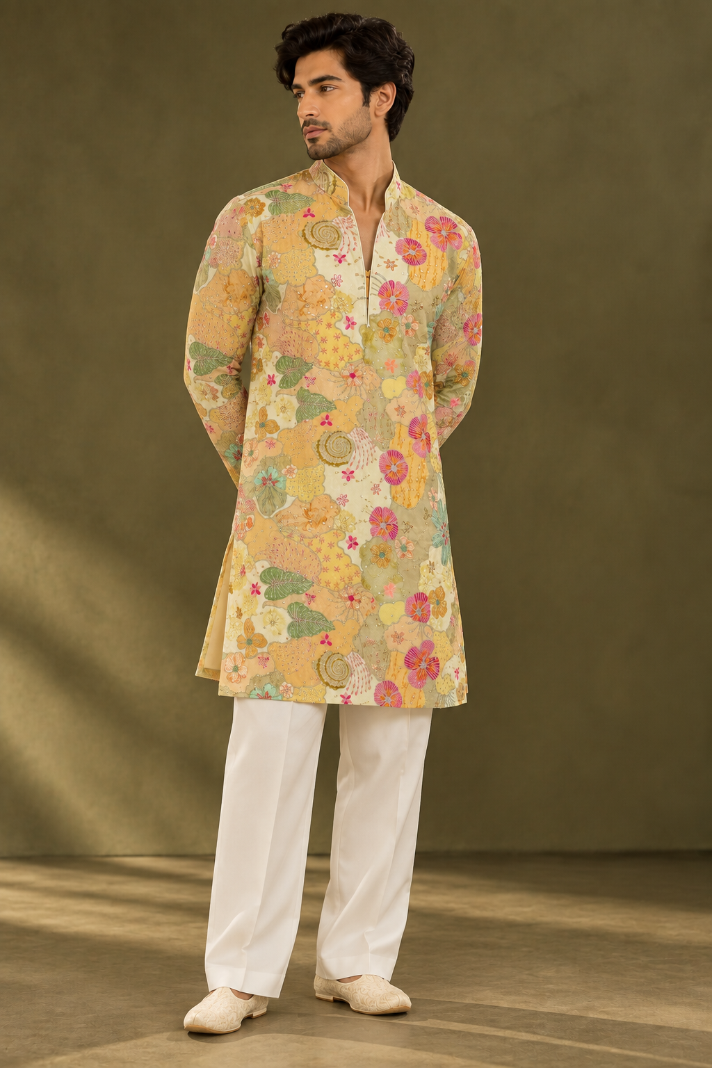 Men’s Pastel Yellow Floral Embroidered Kurta with Straight-Fit White Pants — Kurta Sets | Lehar Clothing UAE