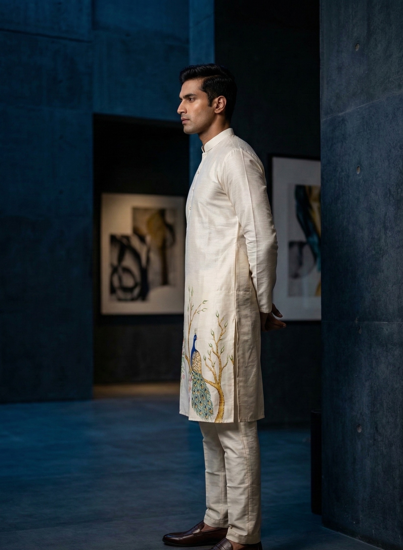 Men’s beige embroidered silk blend kurta set – ivory with peacock floral motif — Kurta Sets — view 2 | Lehar Clothing UAE