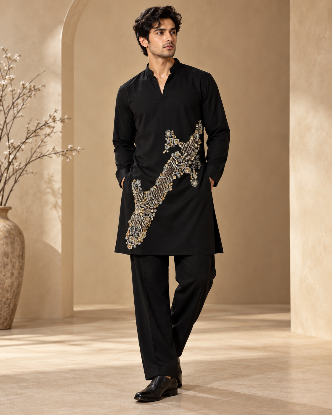Men’s Black Pearl & Bead Embellished Kurta Pajama Set — Kurta Sets — view 3 | Lehar Clothing UAE