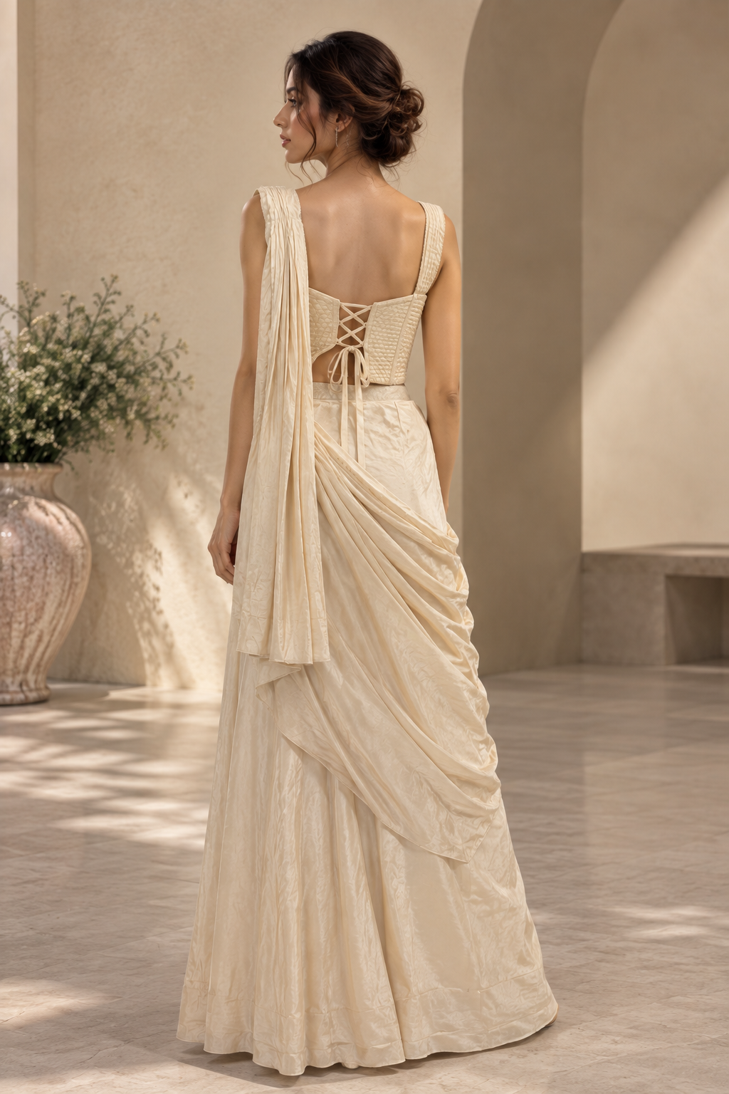 Ivory Structured Corset Top with Draped Saree Set — Sarees — view 3 | Lehar Clothing UAE