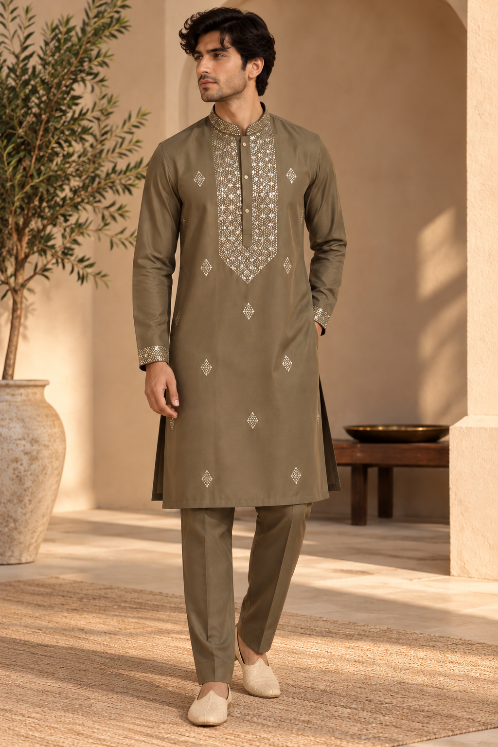 Olive Green Embroidered Kurta Set for Men with Matching Trousers — Kurta Sets | Lehar Clothing UAE