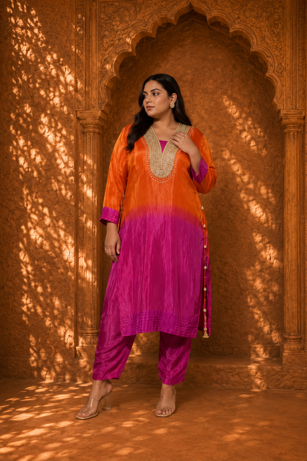 Orange Ombre Embroidered Straight Kurta with Cigarette Pants Set — Kurta Sets - Plus Size | Lehar Clothing UAE