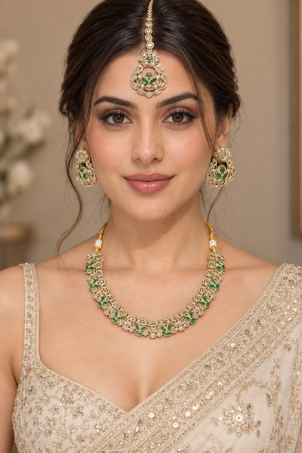 Emerald Green Floral Kundan Necklace Set with Earrings & Maang Tikka – Indian Bridal Jewelry — Jewellery — view 2 | Lehar Clothing UAE