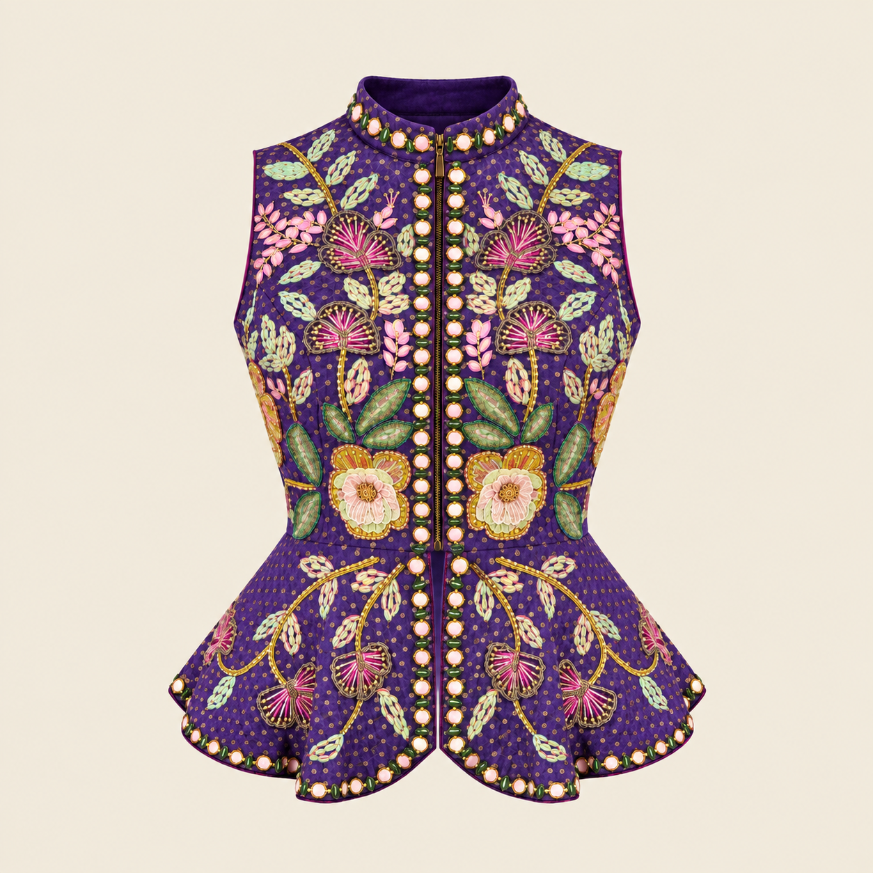 Purple Floral Embroidered Peplum Jacket with Draped Skirt Indo-Western Set — Fusion wear — view 4 | Lehar Clothing UAE