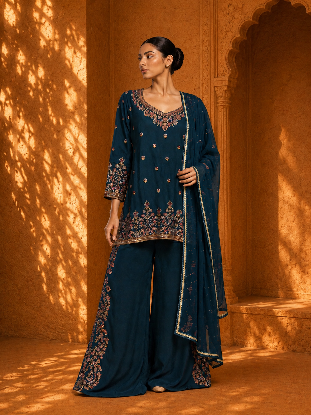 Midnight Teal Embroidered Kurta Palazzo Set with Dupatta — Palazzo Sets | Lehar Clothing UAE