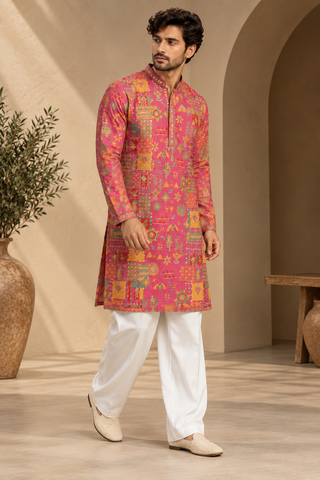 Magenta Multicolor Printed Kurta Set with White Straight Pants — Kurta Sets — view 3 | Lehar Clothing UAE
