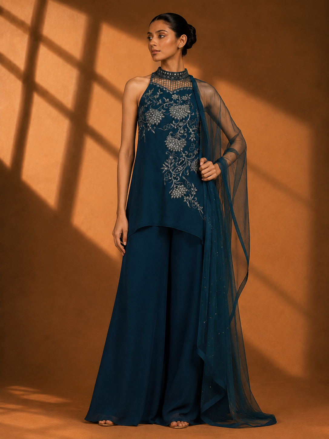 Midnight Teal Sleeveless Embroidered Palazzo Set — Palazzo Sets | Lehar Clothing UAE