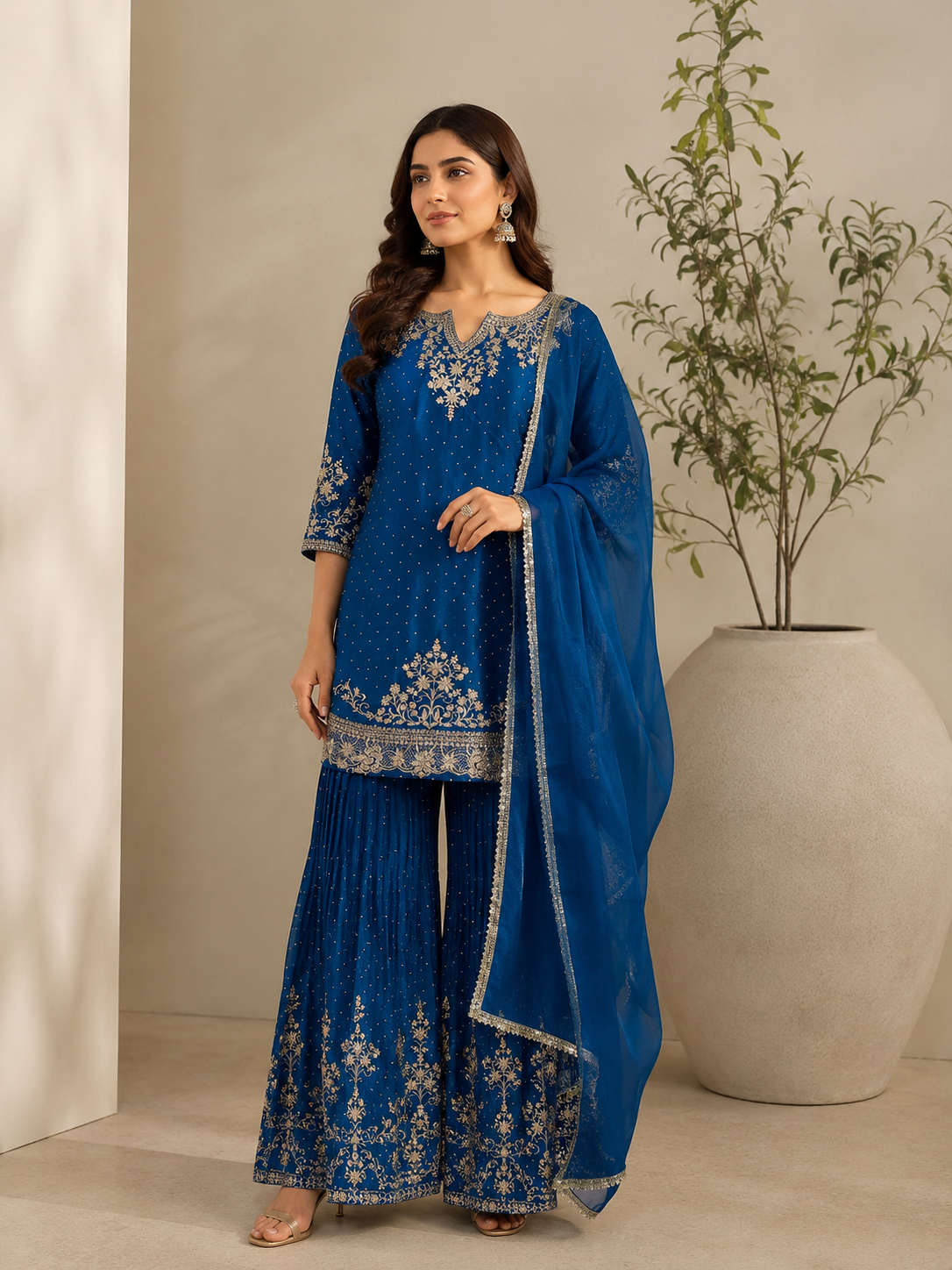 Royal Blue Embroidered Cotton Blend Kurta Sharara Set with Organza Dupatta — Sharara Set | Lehar Clothing UAE