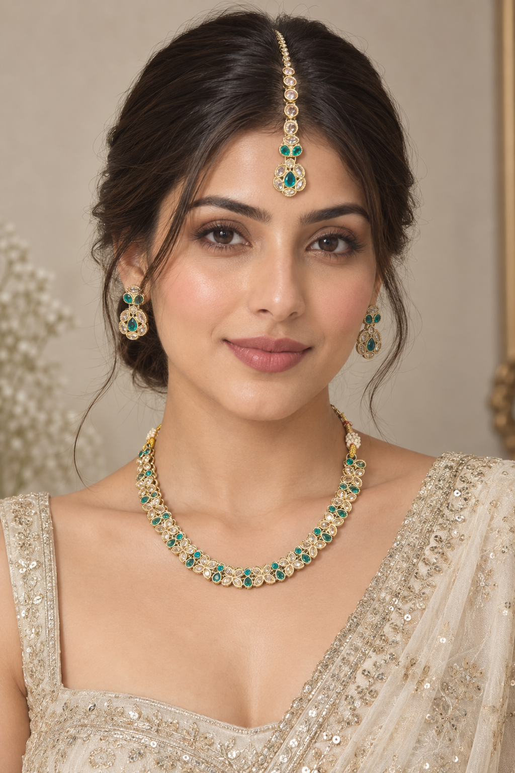 Peach Kundan Necklace Set with Jhumka Earrings & Maang Tikka - Indian Bridal Jewelry — Jewellery | Lehar Clothing UAE
