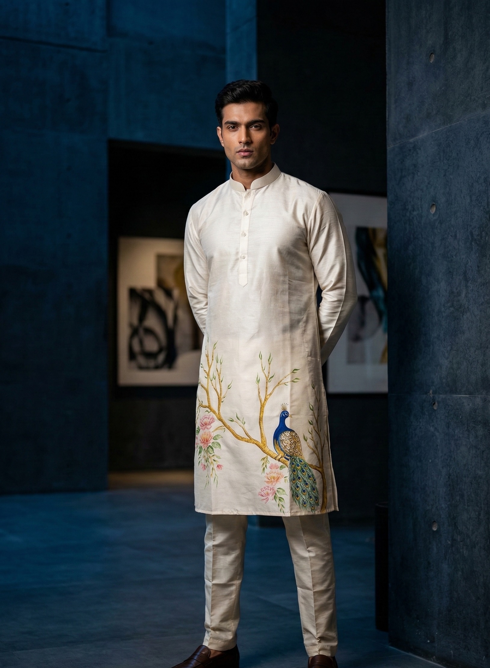 Men’s beige embroidered silk blend kurta set – ivory with peacock floral motif — Kurta Sets | Lehar Clothing UAE