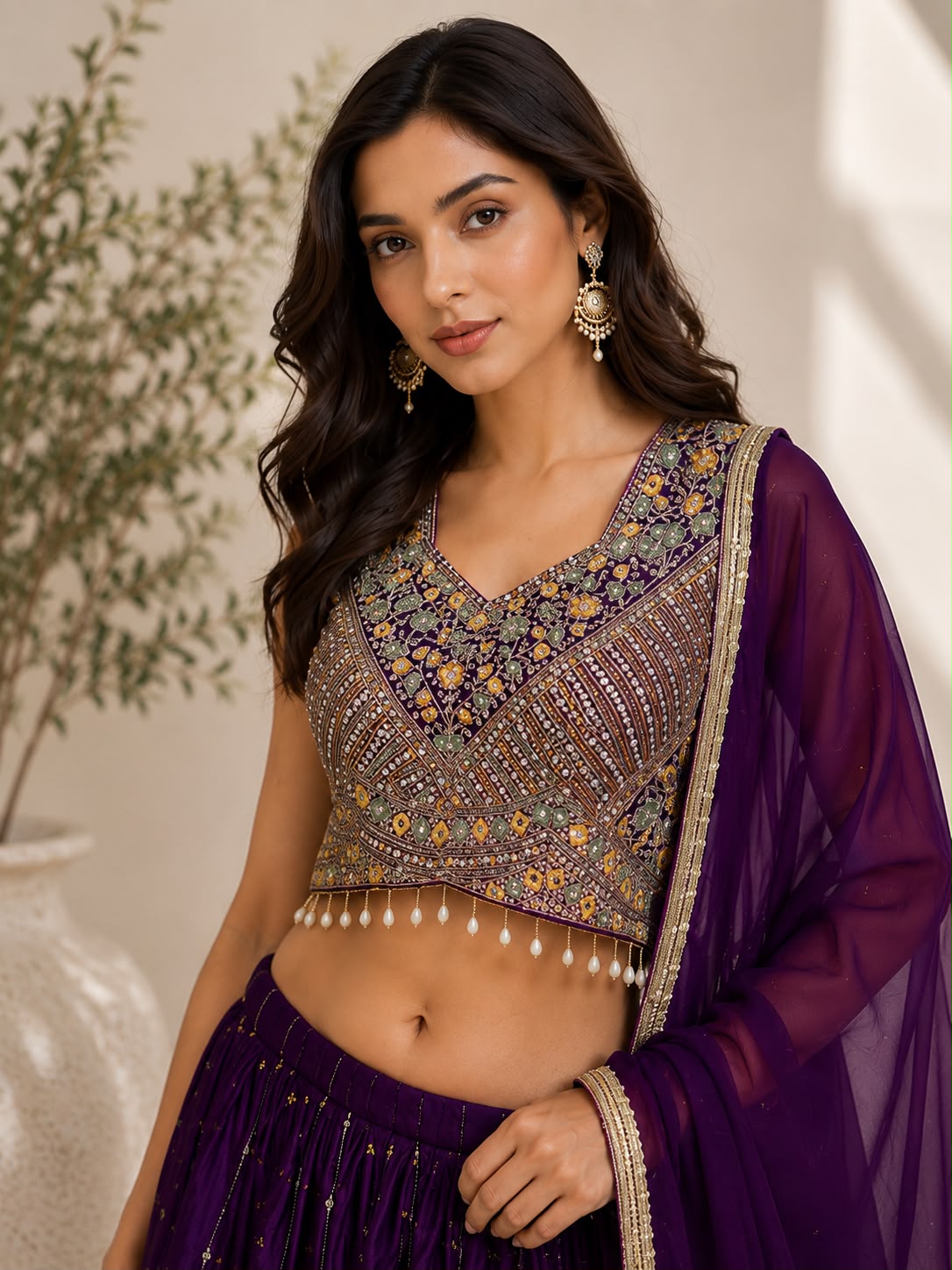 Women's Purple Georgette Printed Lehenga Set with Embellished Blouse & Net Dupatta — Lehenga — view 2 | Lehar Clothing UAE