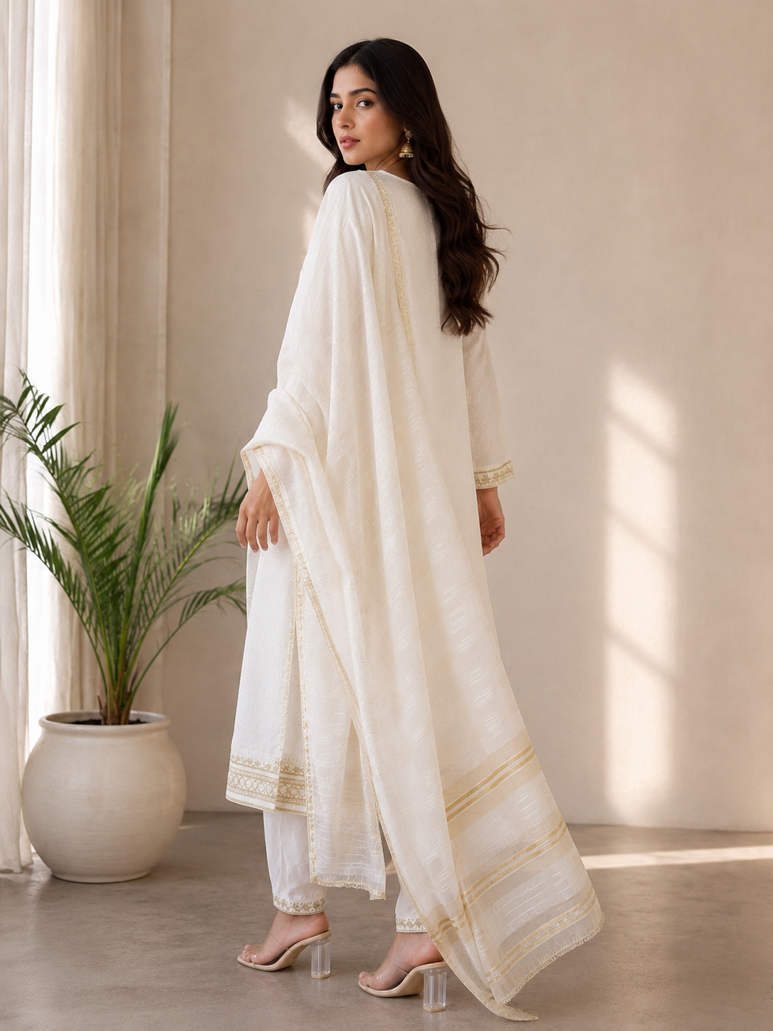 Elegant Ivory Embroidered Kurta, Salwar & Striped Woven Dupatta Set — Kurta Sets — view 3 | Lehar Clothing UAE