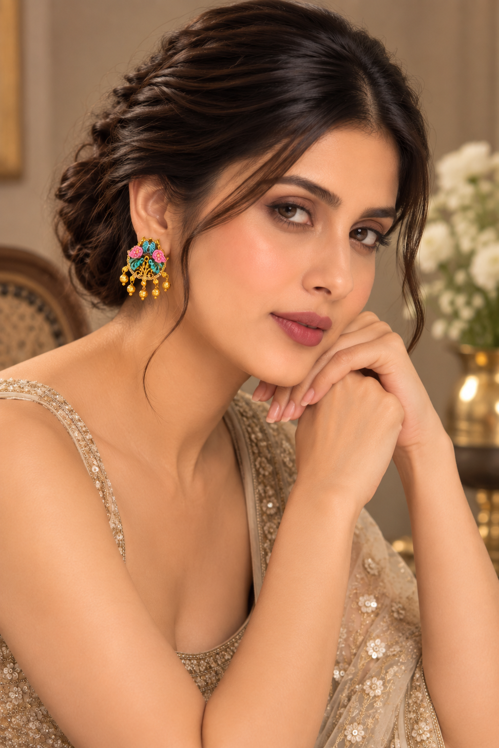 Indian Gold-Plated Meenakari Stud Earrings – Pink & Teal Enamel Floral Parrot Design with Ghungroo Bead Drops, Ethnic Jewelry for Women — Jewellery — view 2 | Lehar Clothing UAE