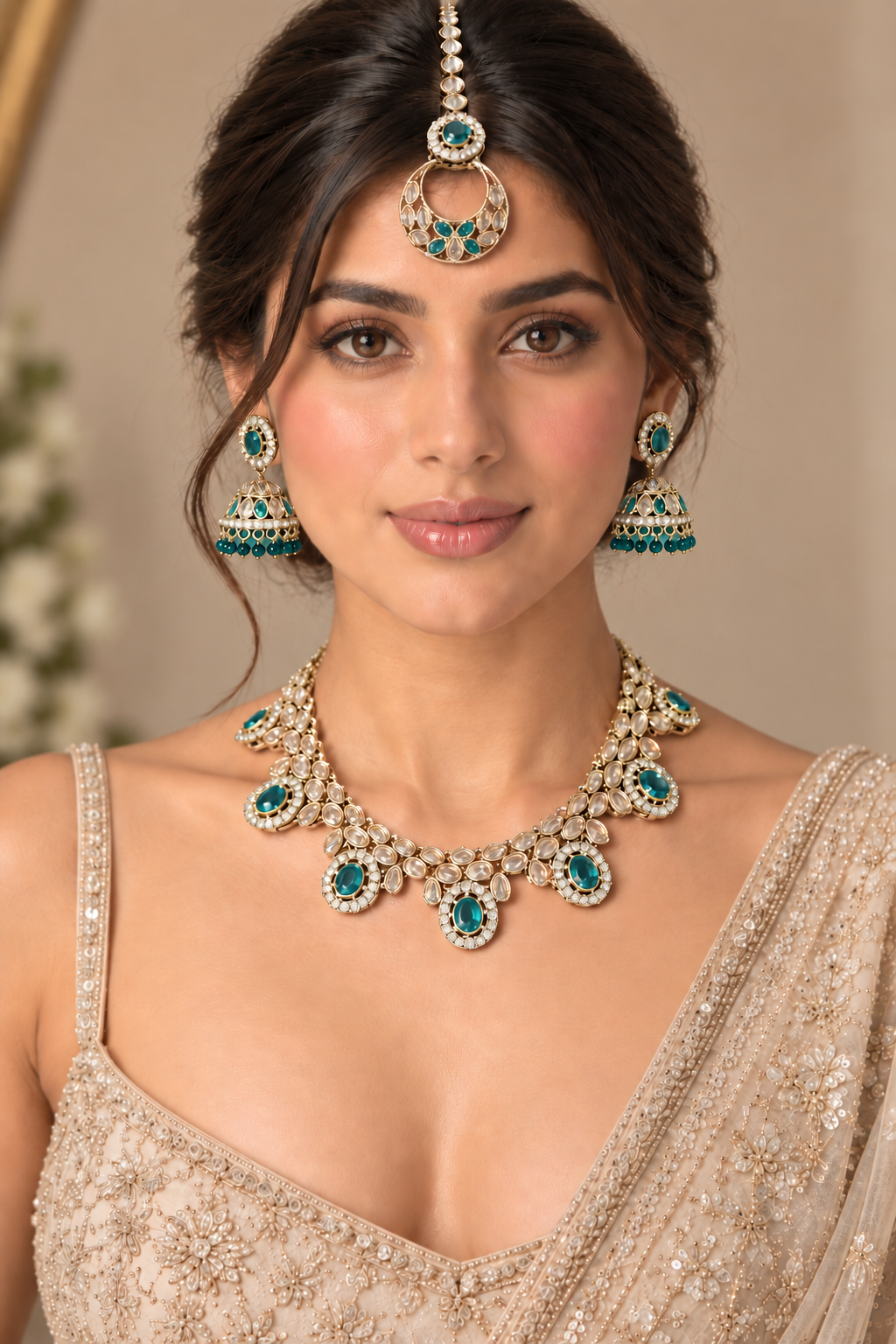 Teal Kundan Necklace Set with Jhumka Earrings & Tikka - Indian Bridal Jewelry — Jewellery — view 2 | Lehar Clothing UAE