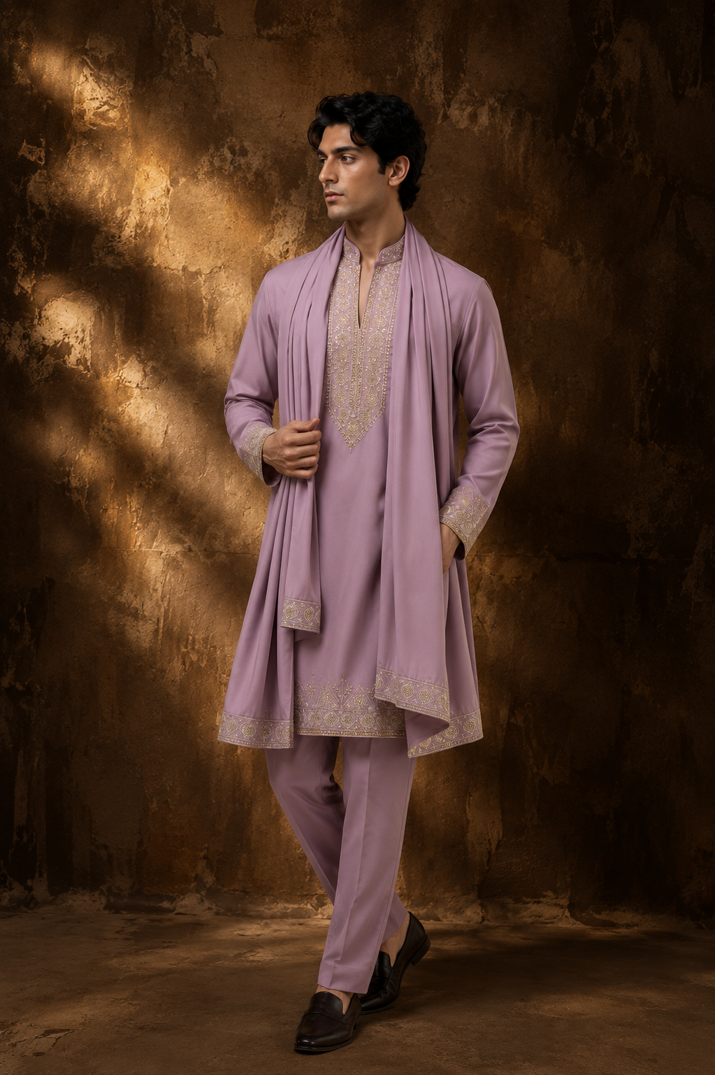 Men’s Pink Embroidered Kurta Set with Matching Stole & Trousers — Kurta Sets | Lehar Clothing UAE