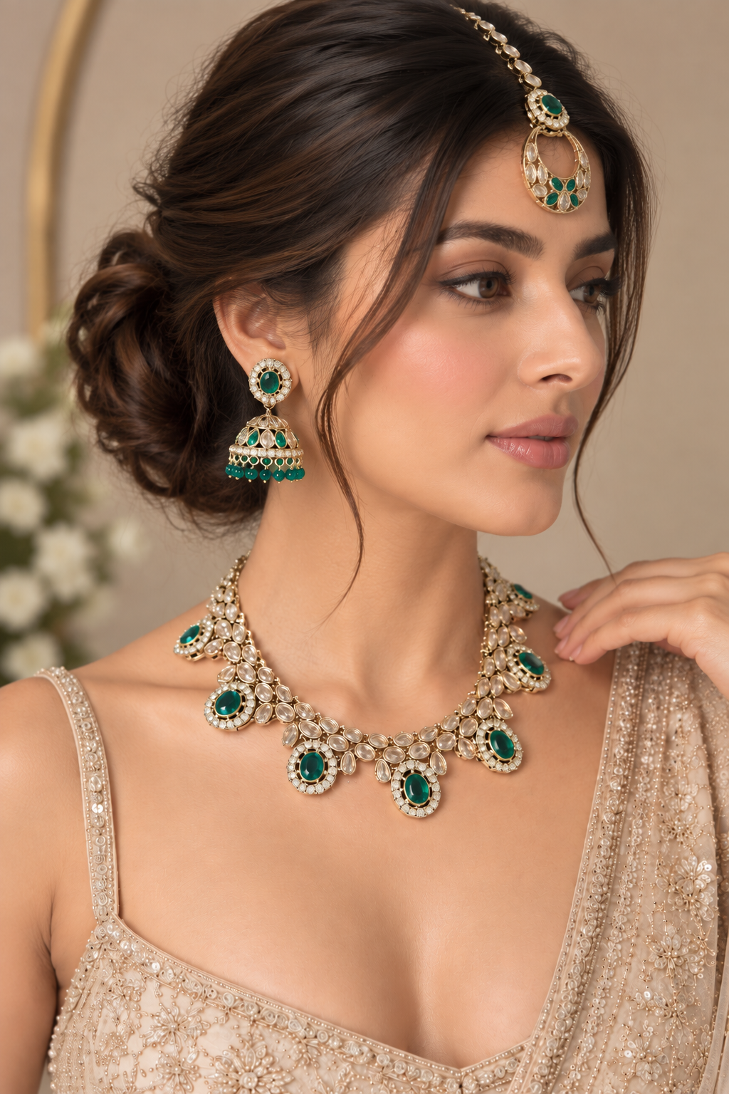 Teal Kundan Necklace Set with Jhumka Earrings & Tikka - Indian Bridal Jewelry — Jewellery | Lehar Clothing UAE