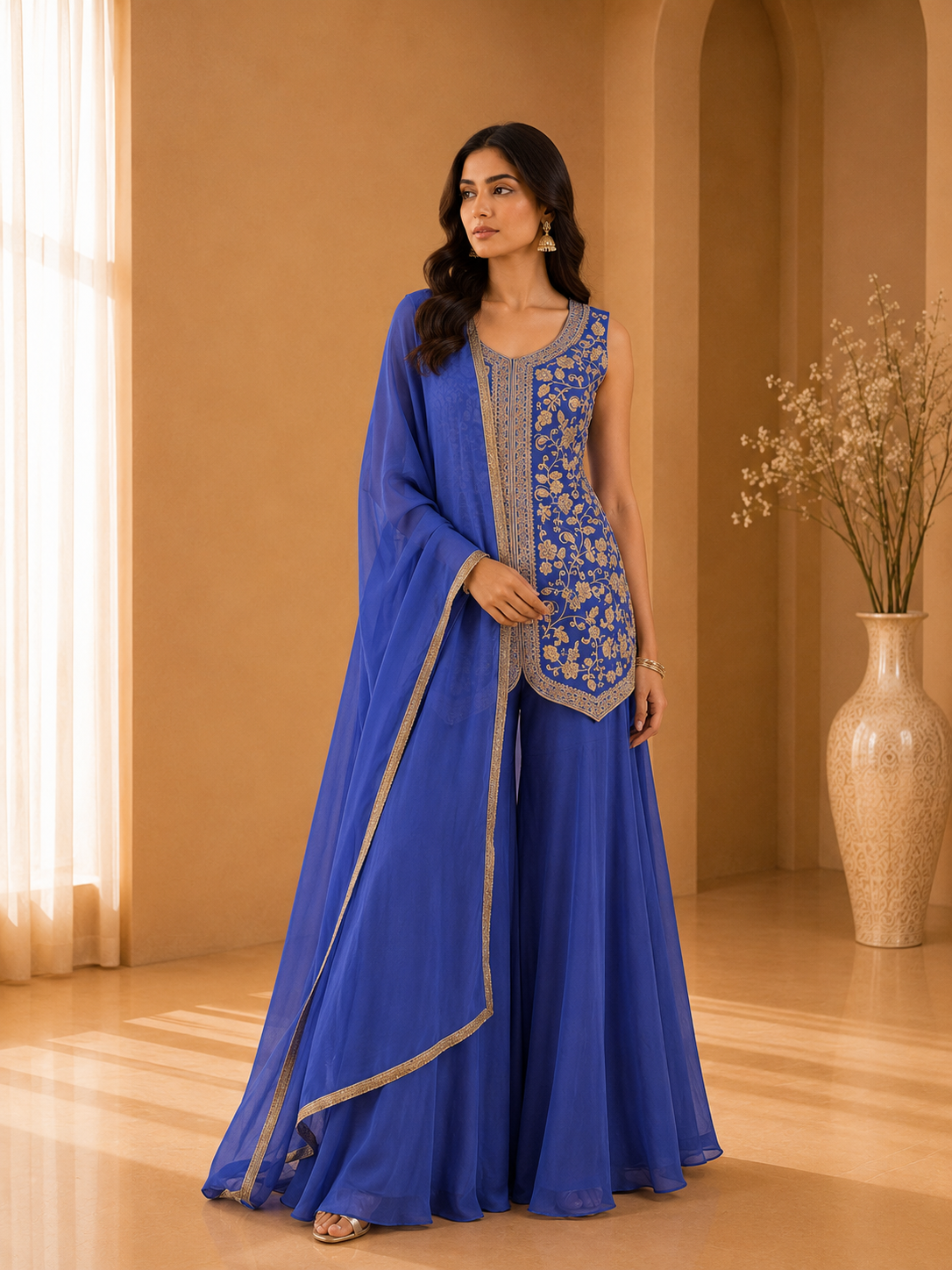 Women's Purple 3-Piece Embroidered Sharara Suit with Dupatta — Sharara Set | Lehar Clothing UAE