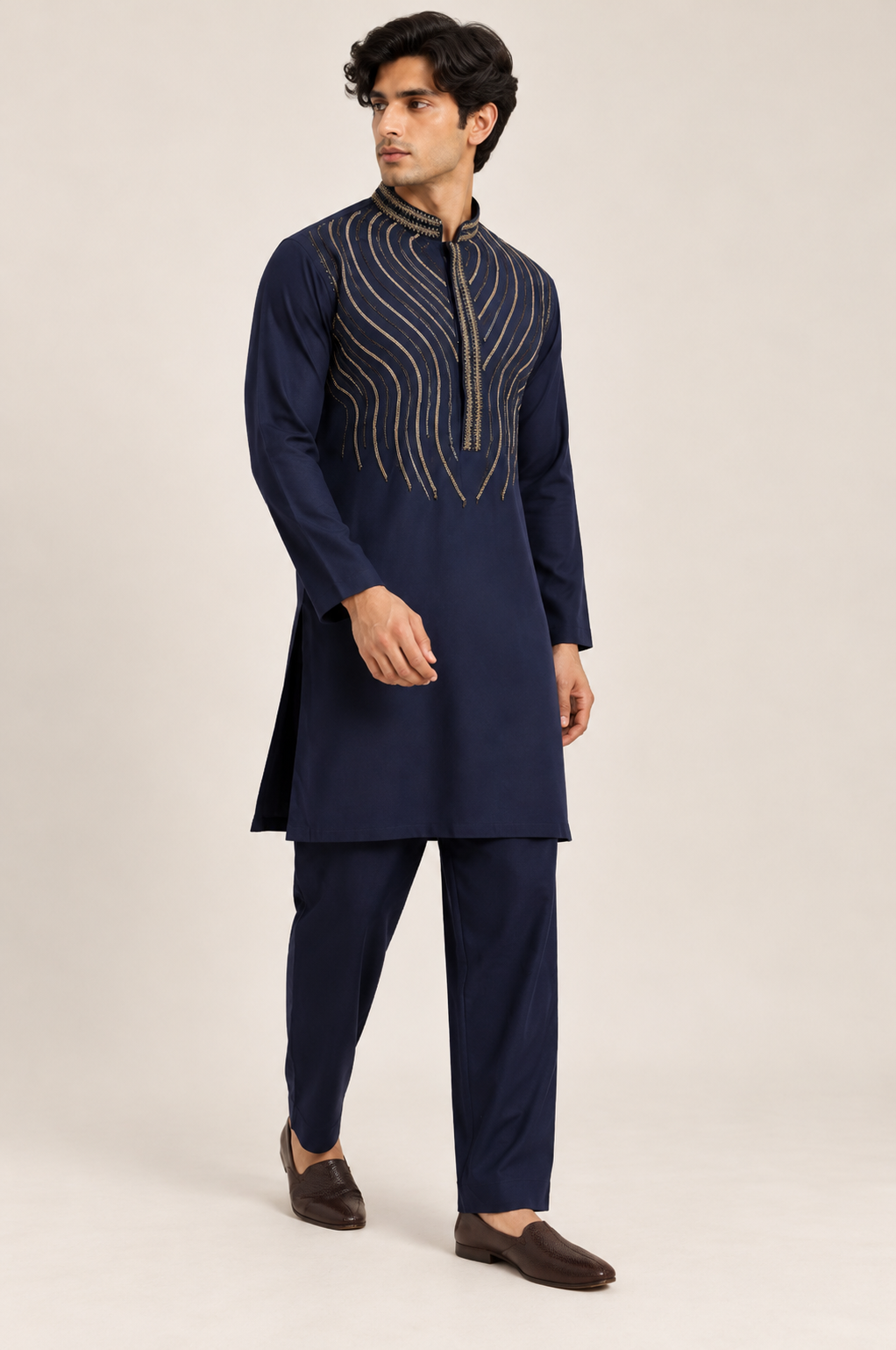 Men’s Navy Blue Kurta Set with Gold Wave Embroidery and Matching Straight-Fit Pants — Kurta Sets — view 2 | Lehar Clothing UAE