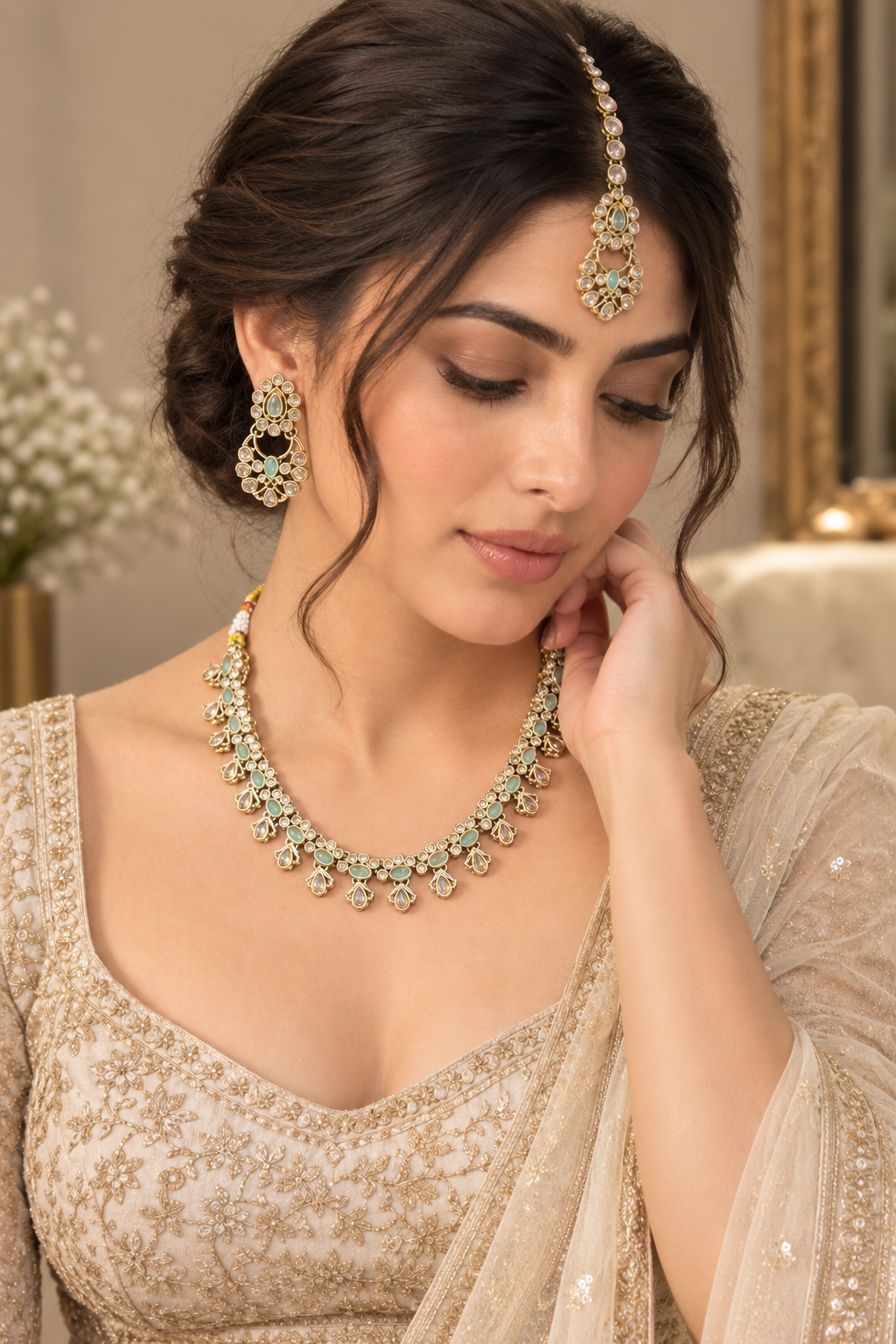 Mint Green Kundan Necklace Set with Filigree Earrings & Maang Tikka – Indian Bridal Jewelry — Jewellery — view 2 | Lehar Clothing UAE
