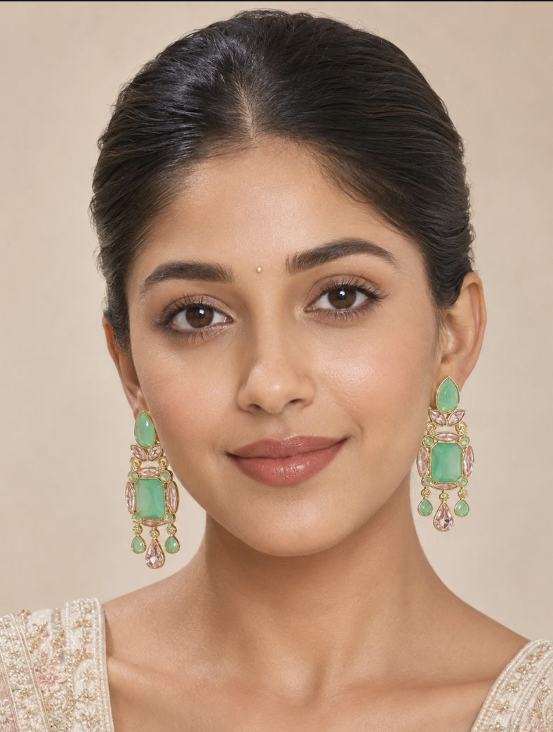 Women’s Mint Green & Blush Pink Crystal Chandelier Earrings — Jewellery | Lehar Clothing UAE