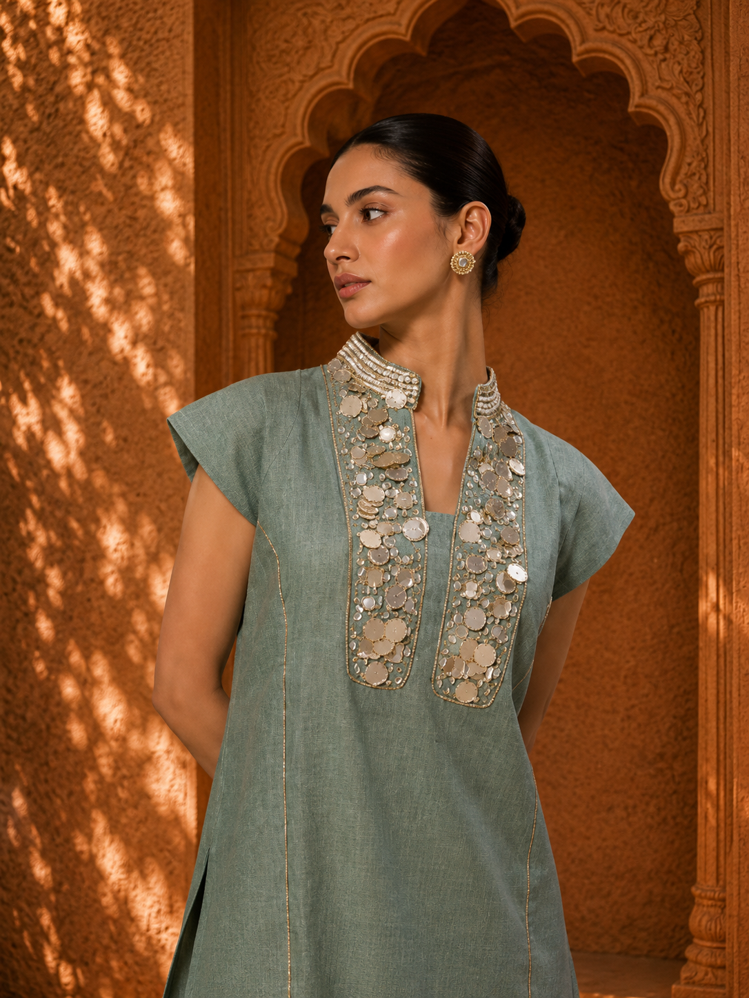 Sage Mirror Embellished Kurta Set — Kurta Sets — view 2 | Lehar Clothing UAE