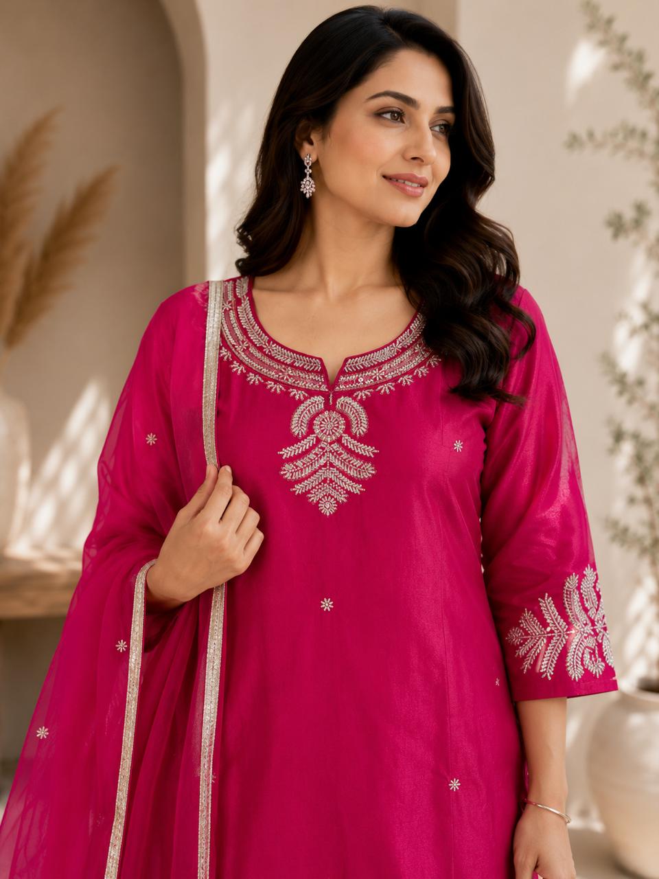 Fuchsia Pink 3-Piece Salwar Suit with Silver Motif Embroidery — Kurta Sets — view 3 | Lehar Clothing UAE